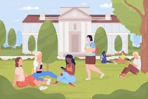 Students resting in university park flat color vector illustration