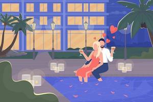 Loving couple at poolside in evening flat color vector illustration