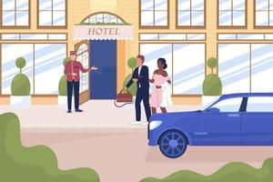 Receptionist greeting guests at luxury hotel flat color vector illustration