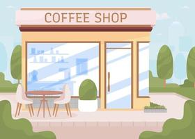 Small coffee shop on city street flat color vector illustration