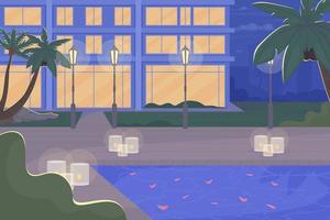 Empty poolside with romantic decor in evening flat color vector illustration