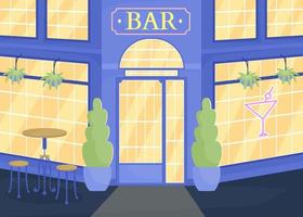 popular bar en la calle de la ciudad de noche ilustración de vector de color plano