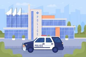 Police car and office on city street flat color vector illustration