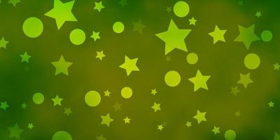 plantilla de vector verde claro, amarillo con círculos, estrellas.