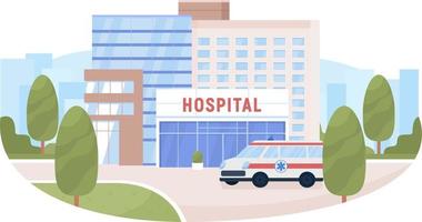 Hospital building and ambulance 2D vector isolated illustration