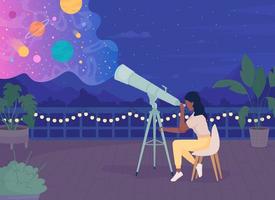 Woman with telescope enjoying stargazing on rooftop at night flat color vector illustration