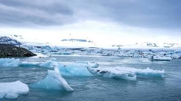 tabellformade isberg smälter vid turkos havsvik. enorm hög isglaciär vid polar naturmiljö. arktiskt vinterlandskap vid problem med global uppvärmning. ökenvitt land av snö och is timelapse. video