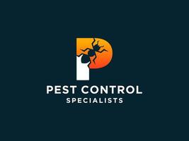 letra inicial p diseño del logotipo de control de plagas con combinación de forma de silueta de insecto.