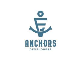Logo Design F anchor artistic alphabet for boat ship navy nautical transport vector