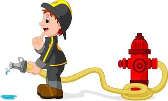 fireman holding a yellow water hose vector