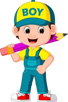 cute boy holding big pencil