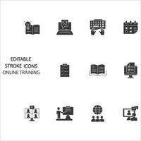 conjunto de iconos de entrenamiento en línea. elementos de vector de símbolo de paquete de capacitación en línea para web de infografía