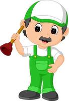 A plumber handyman cartoon character holding a plunger vector