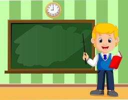 Back to school. Cute schoolchild at the blackboard to presentation vector