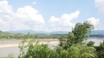 Sky mountain and river landscapeview with wind blow moving green leaves - relax natural phenomena footage concept video