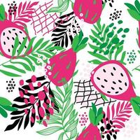 Seamless pattern of tropical leaves, pitaya and abstract spots and grid, summer vector illustration in cartoon style. Pitaya and tropical leaves. Bright summer pattern