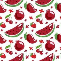 Seamless pattern of red fruits and berries, summer vector illustration in cartoon style. Watermelon, cherries, strawberries, pomegranate and mango. Bright summer pattern
