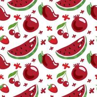 Seamless pattern of red fruits and berries, summer vector illustration in cartoon style. Watermelon, cherries, strawberries, pomegranate and mango. Bright summer pattern