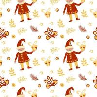 Seamless Christmas pattern. Painted elements in a doodle style. Cute little elves with a gift surrounded by spruce branches and berries. For holiday decorations from paper, fabric vector