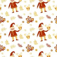 Seamless Christmas pattern. Painted elements in a doodle style. Cute little elves with a gift surrounded by spruce branches and berries. For holiday decorations from paper, fabric vector