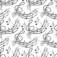 Seamless pattern of musical symbols, musical notes, violin key. Hand-drawn doodle-style elements. Vector illustration
