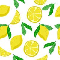 Seamless pattern of bright lemons, hand-drawn elements. Summer. Yellow lemons with leaves on white background. Whole lemons and halves. Lemonade. Suitable for textiles and packaging. vector