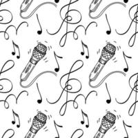 Seamless pattern of microphone, music key and notes. Hand-drawn doodle elements. Music background, vector illustration