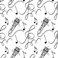 Seamless pattern of microphone, music key and notes. Hand-drawn doodle elements. Music background, vector illustration