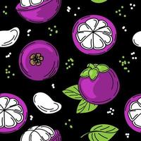 A seamless pattern of colorful mangosteen fruit, pulp, and leaves, hand-drawn with doodle elements. Exotic fruit on black background. Thailand. Vector illustration