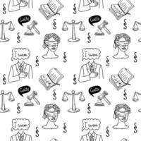 A seamless pattern of law and justice symbols, a hand-drawn sketch style doodle. Justice. Greece. Themis blindfolded. Scales of Justice. Hammer of justice, a man with his hand over his heart. I swear vector