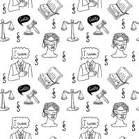 A seamless pattern of law and justice symbols, a hand-drawn sketch style doodle. Justice. Greece. Themis blindfolded. Scales of Justice. Hammer of justice, a man with his hand over his heart. I swear vector