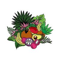 Banner, poster with exotic jungle fruits and leaves and exotic flowers. Elements are hand drawn in a flat style. Floral and fruity tropical summer background. Vector illustration