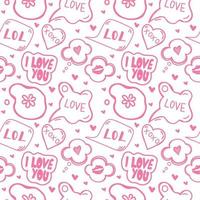 A seamless pattern of speech bubbles with hand-drawn doodle-style dialog words. Love words and exclamations. Confessions of love. Hearts. Kisses. Words for lovers. Vector illustration