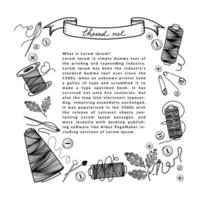 Template from a set of sewing threads, hand-drawn doodles in sketch style. Elements around text. Cross-winding of thread. Needle and pins. Needle and pins. Sewing. Thread. Vector simple illustration