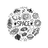 Set of space elements in a circle on a white background. Hand-drawn space inscription. Hand-drawn doodle style elements. Black hole. Rockets, satellite, flying saucer. Space objects and stars vector