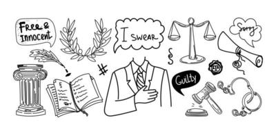 Set with symbols of law and justice, hand-drawn in sketch doodle style. Justice. Court. Oath. Testimony. The scales of justice. Documents. Paragraphs of the law. A collection of cartoon elements vector