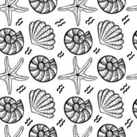 Seamless pattern of sea creatures, hand-drawn in sketch style. Shells and starfish. White background. Isolated. Summer. Ocean. Flat design. Vector simple illustration