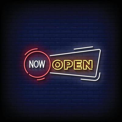 Now Open Neon Sign On Brick Wall Background Vector