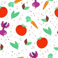 Seamless vegetable pattern. Painted in a flattened style. Websites about proper nutrition and ordering produce from farm stores. Organic foods. Healthy food vector concept with flat veggies