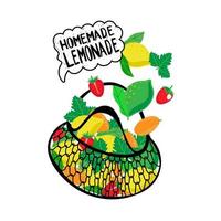 Mesh shopping bag with lemons limes, strawberries, mint and kumquats. Hand-drawn doodle elements in a flat style. Homemade lemonade. Handwritten lettering vector