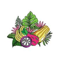 Banner, poster with exotic fruits and monster and palm leaves, tropical arrowroot flowers. Elements are hand-painted in a flat style. Jungle. Floral and fruity tropical summer background. Vector