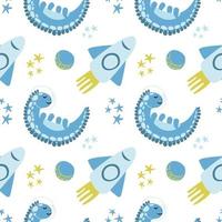 Seamless pattern of cute dinosaur astronauts. Vector in cartoon style. Astronaut dinosaur with rocket and stars around on white background
