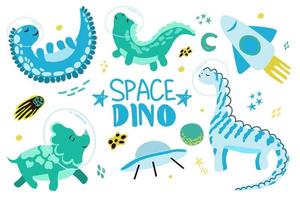 Set of colorful dinosaurs, hand-drawn elements, in cartoon style. Rocket. Hand-drawn inscription. Dinosaurs in space with planets, comets and stars around them. Can be used for greeting cards vector