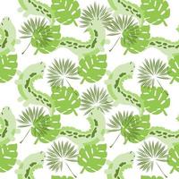 Seamless pattern of cute dinosaurs and tropical leaves. Cartoon vector style. Abstract green background of dinosaurs on white background