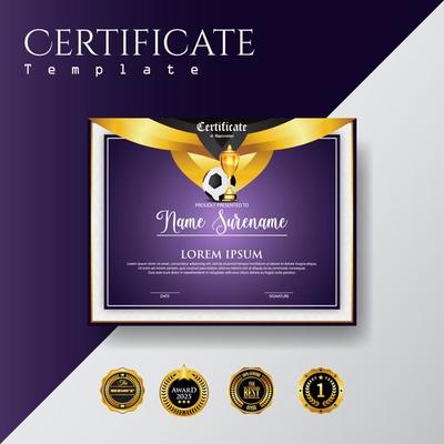 Soccer Game Certificate Diploma With Golden Cup Set Vector. Football. Sport Award Template. Achievement Design