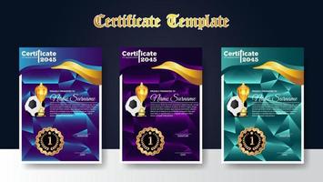 Soccer Game Certificate Diploma With Golden Cup Set Vector. Football. Sport Award Template. Achievement Design vector