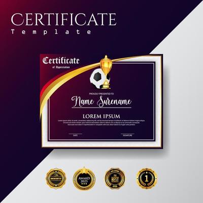 Soccer Game Certificate Diploma With Golden Cup Set Vector. Football. Sport Award Template. Achievement Design