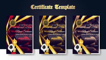 diploma de certificado de juego de fútbol con vector de juego de copa de oro. fútbol. plantilla de premio deportivo. diseño de logros