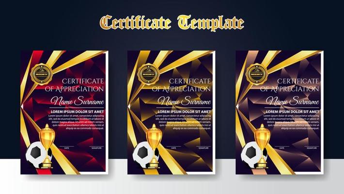 Soccer Game Certificate Diploma With Golden Cup Set Vector. Football. Sport Award Template. Achievement Design