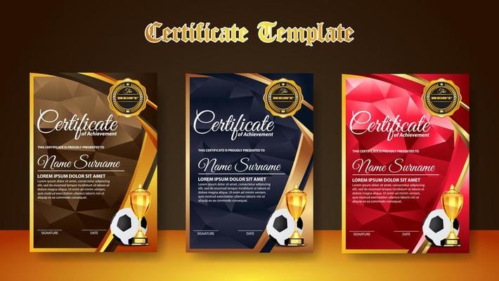 Soccer Game Certificate Diploma With Golden Cup Set Vector. Football. Sport Award Template. Achievement Design